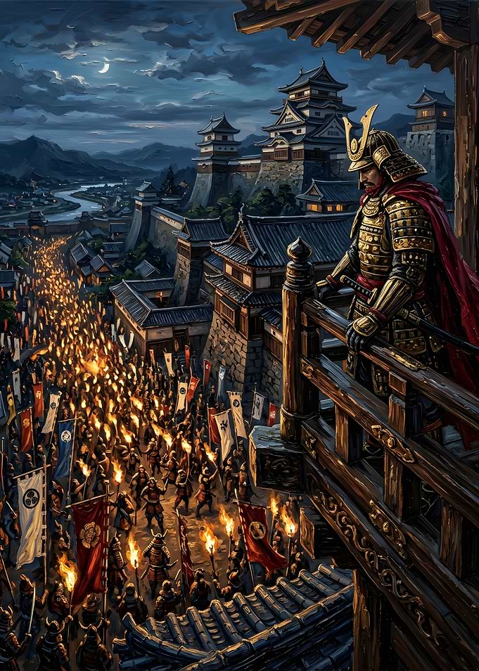 Samurai Commander Watching Torchlit Army