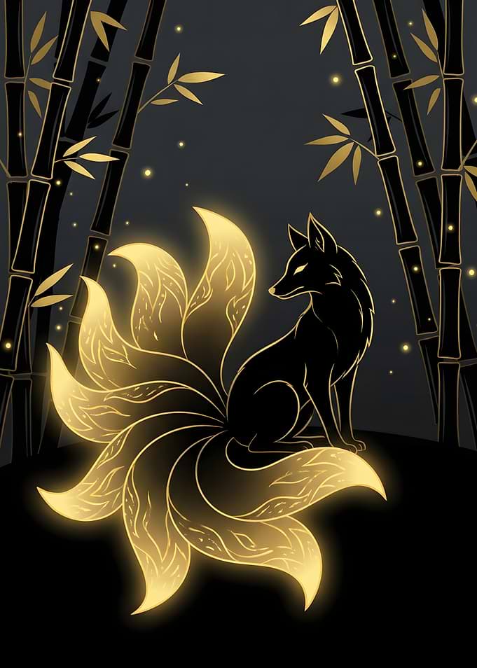 Glowing Nine-Tailed Fox in Bamboo Forest