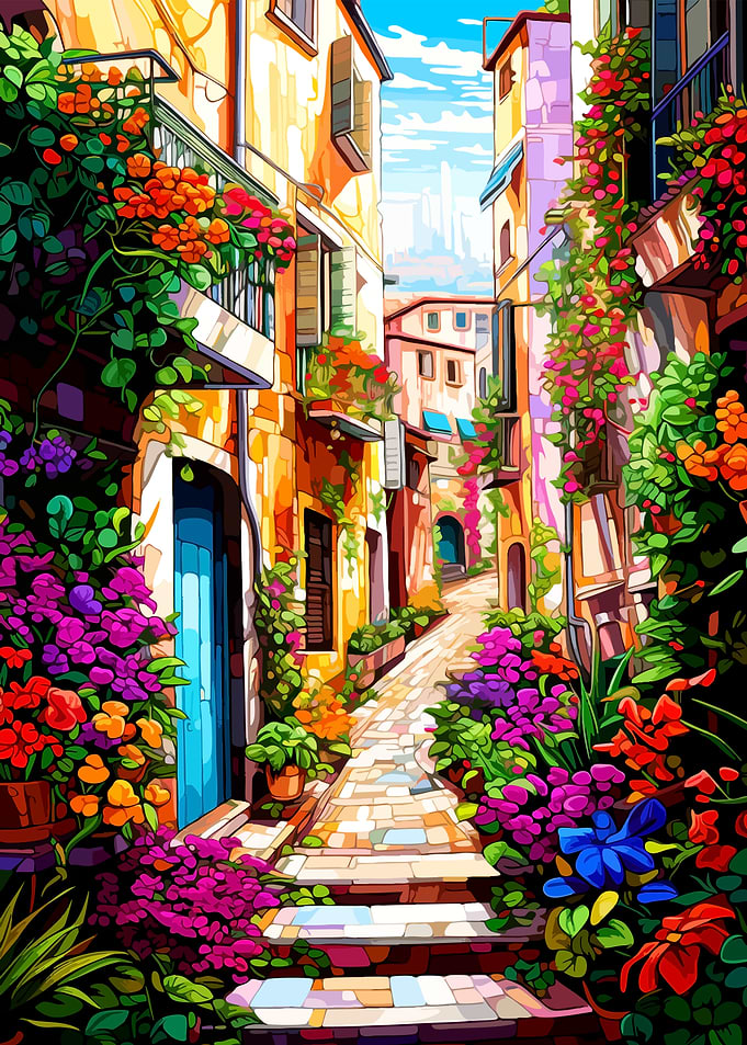 Vibrant Mediterranean Street with Flowers