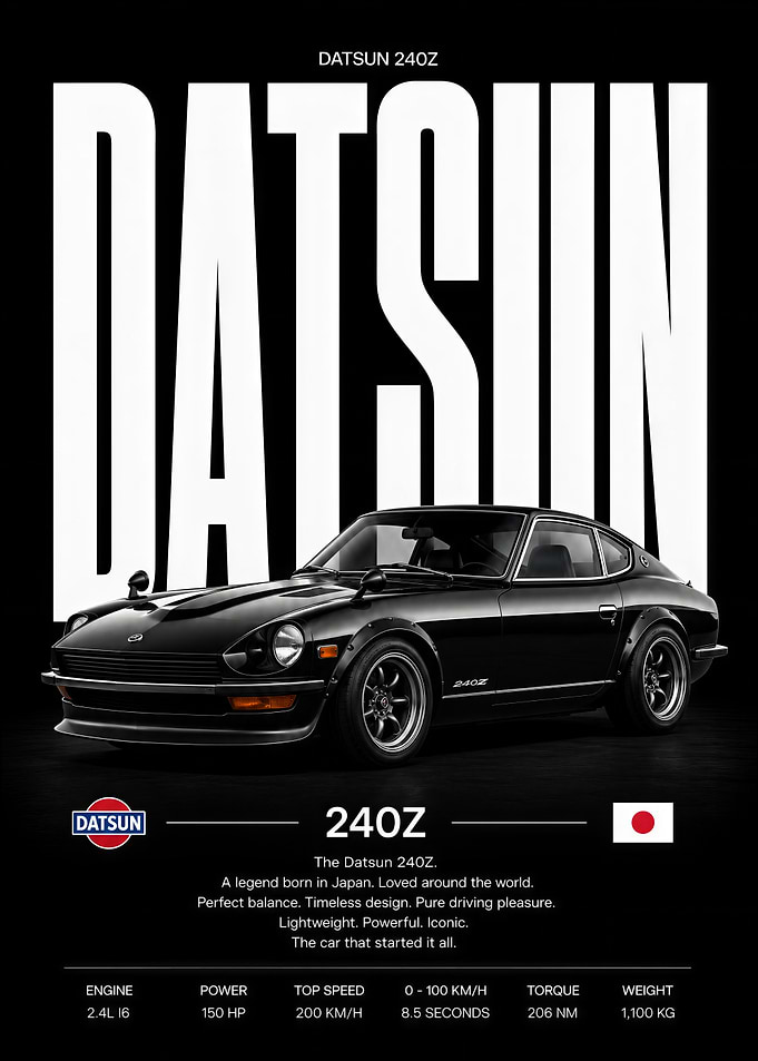 Matte Black Datsun 240Z Classic Sports Car Poster, Cool Poster