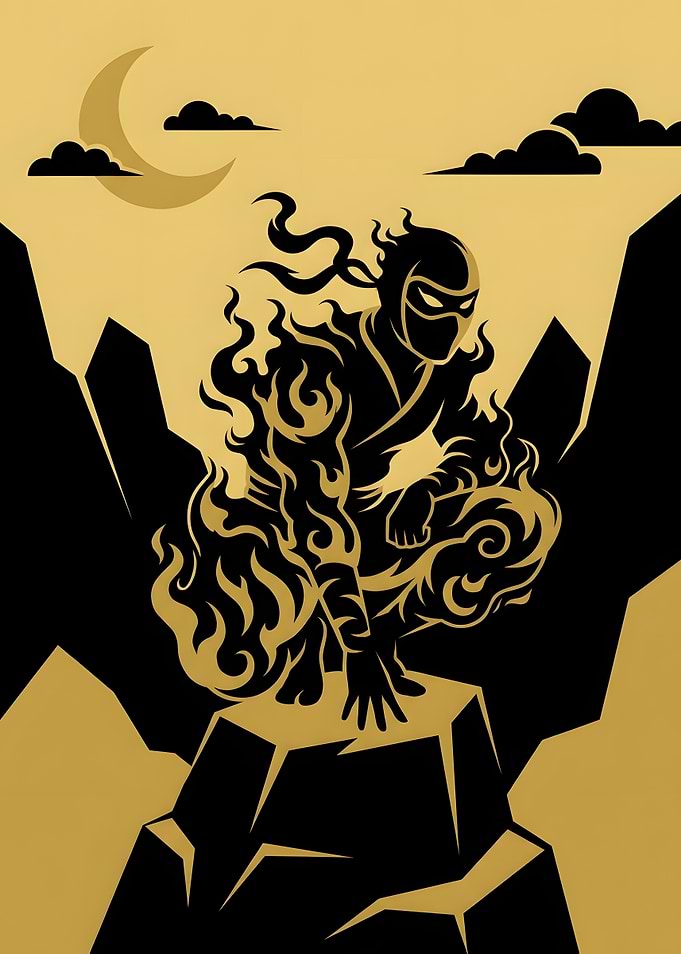Fiery Ninja Silhouette on Mountain Peak