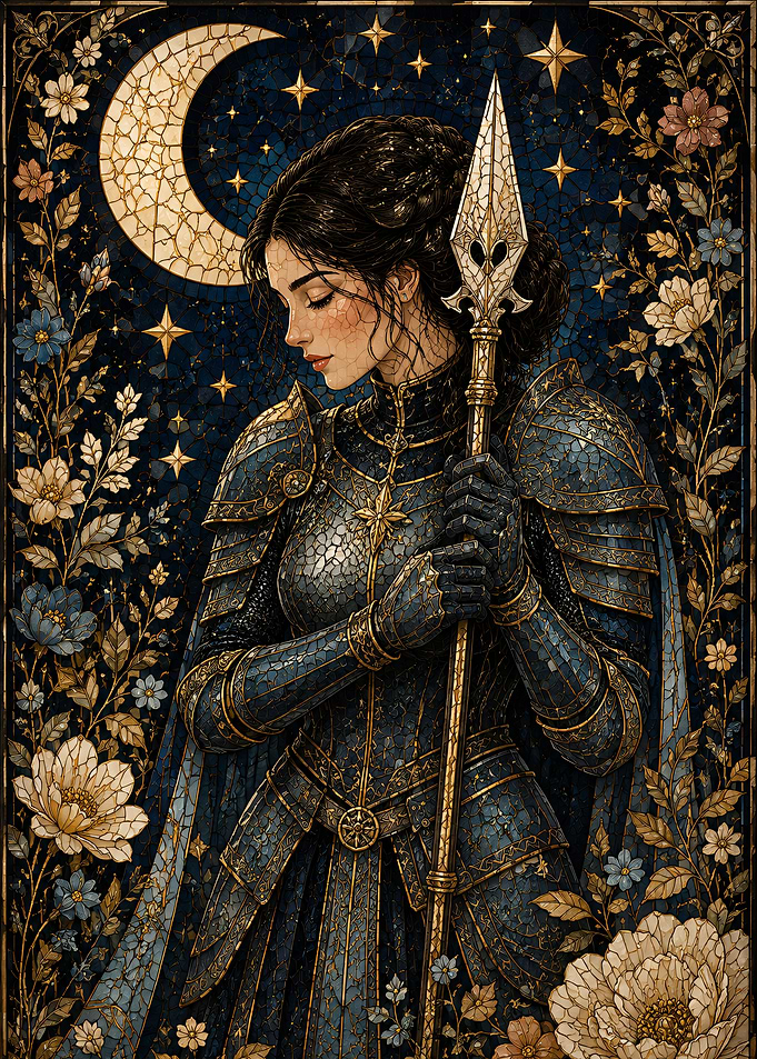 Female Medieval Stained Glass Warrior Maiden