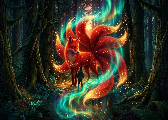 Person Encountering a Magical Nine-Tailed Fox