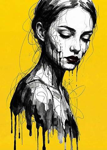 Melancholic Woman Ink Portrait