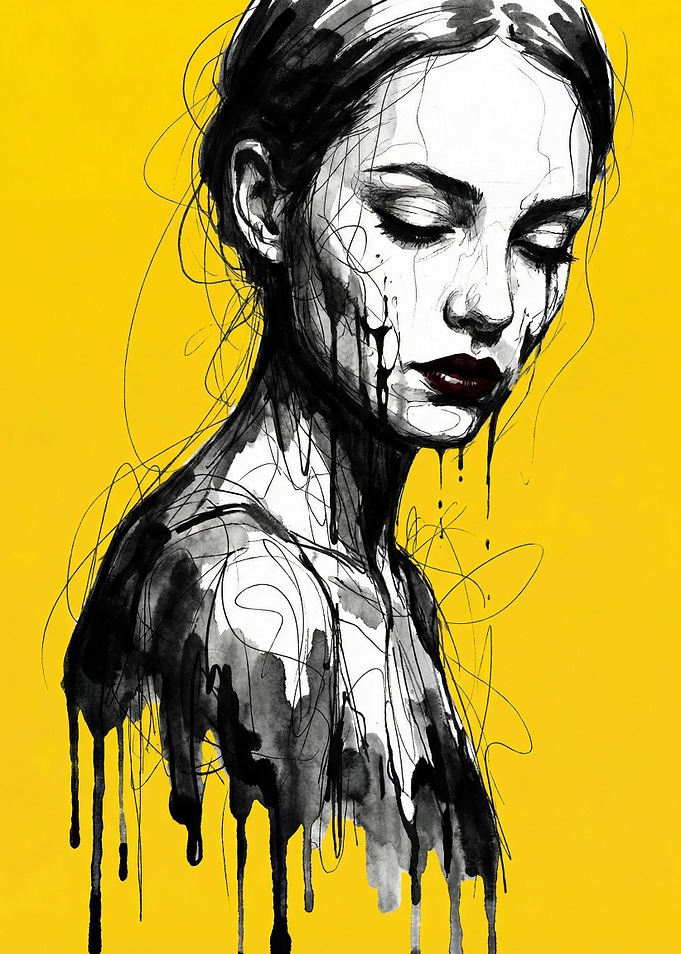 Melancholic Woman Ink Portrait
