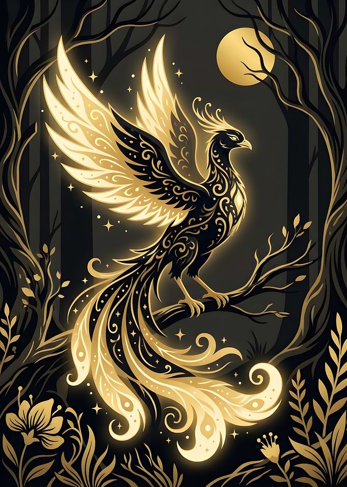 Glowing Golden Phoenix in Dark Forest