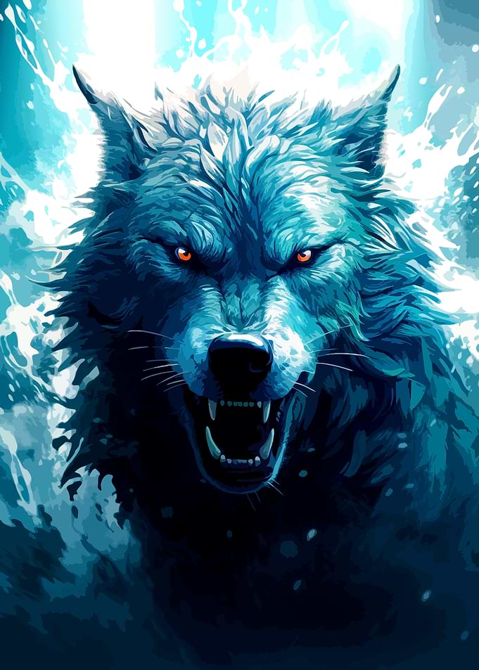 Fierce Blue Wolf with Glowing Eyes