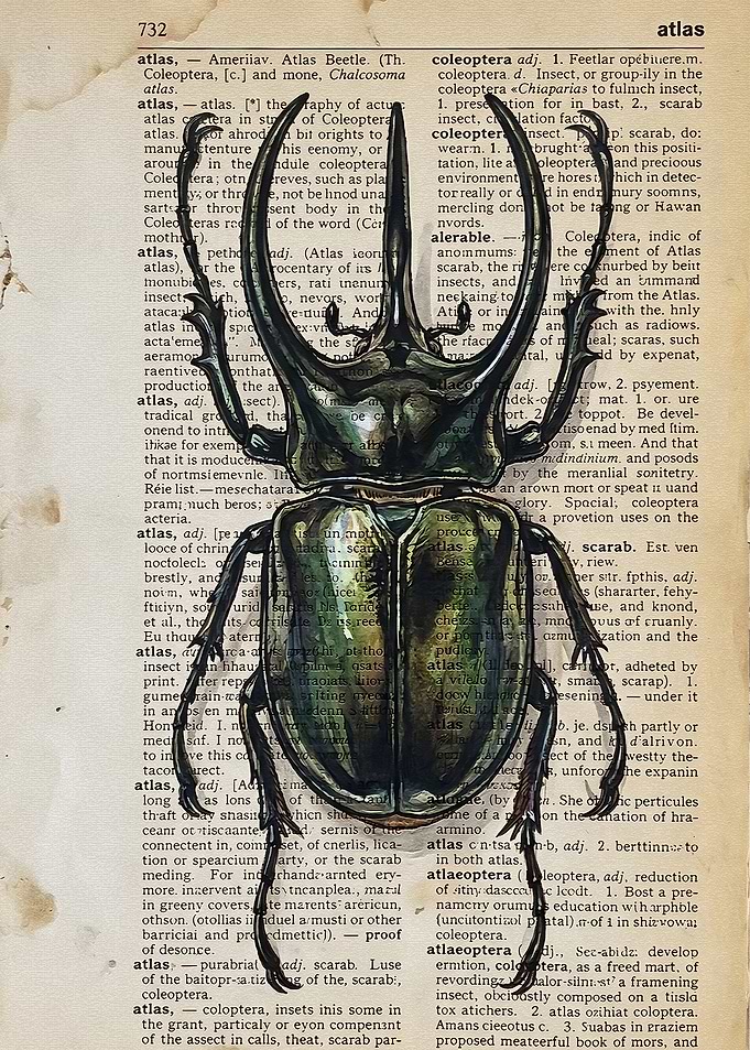 Atlas Beetle on Vintage Dictionary Page