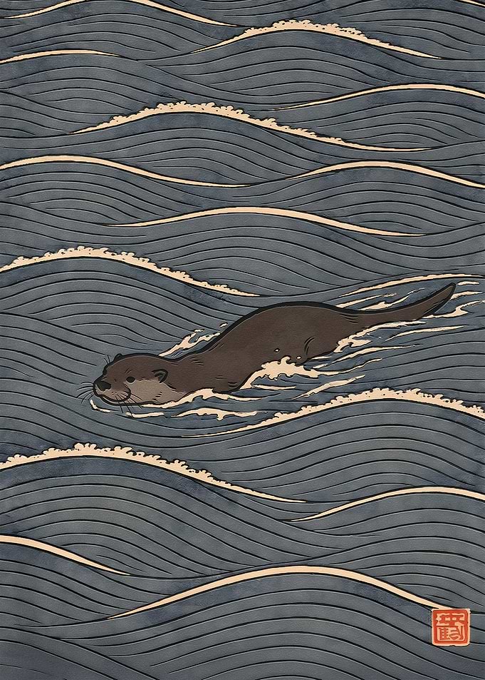 Otter Swimming in Ukiyo-e Style