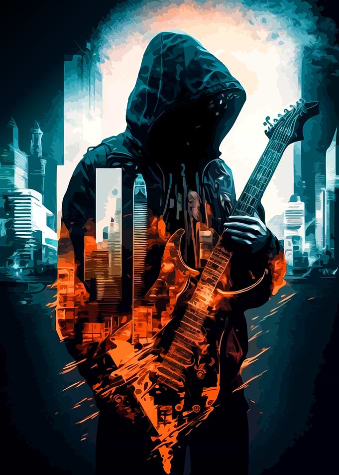 Hooded Musician with Cityscape Double Exposure