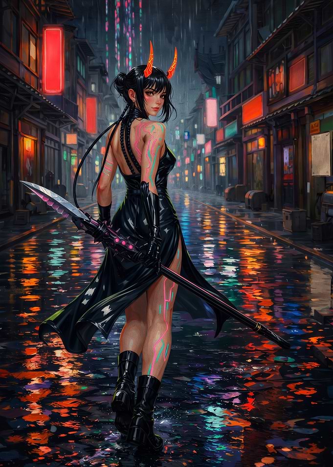 Cyberpunk Oni Warrior in Rain