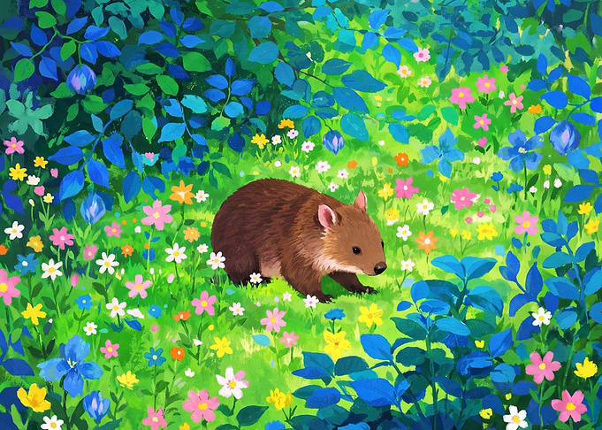 Wombat in a Colorful Flower Meadow