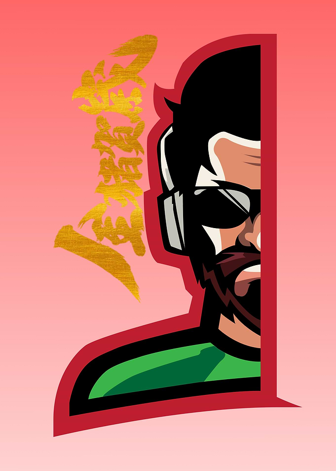 Stylized Gamer Portrait with Gold Calligraphy