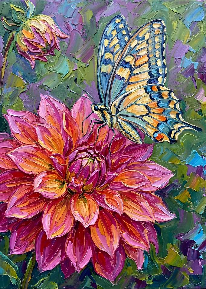Impressionist Butterfly on Pink Dahlia