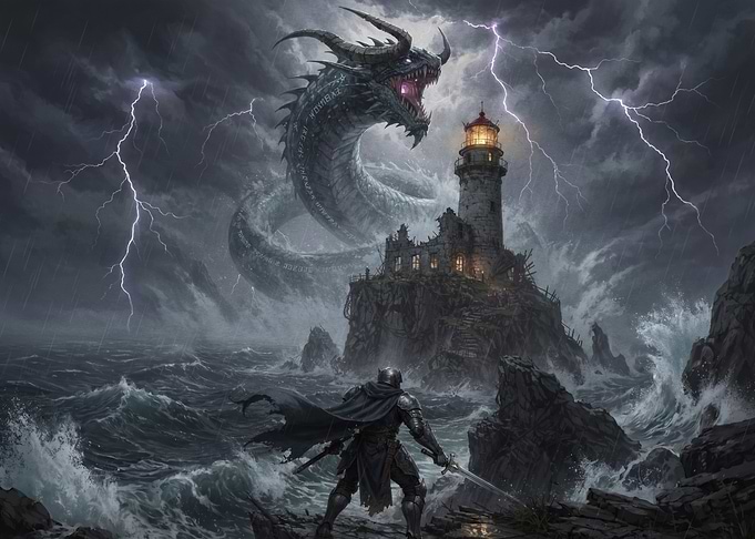 Knight Facing Sea Serpent at Lighthouse