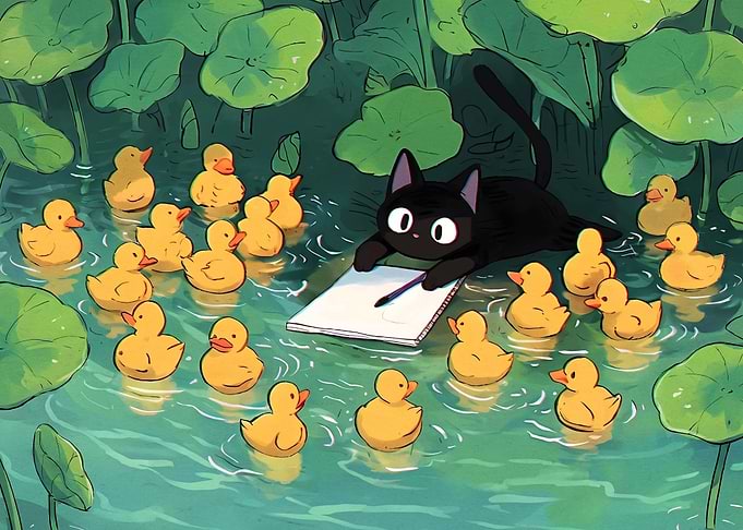 Black Cat Drawing Surrounded by Ducklings