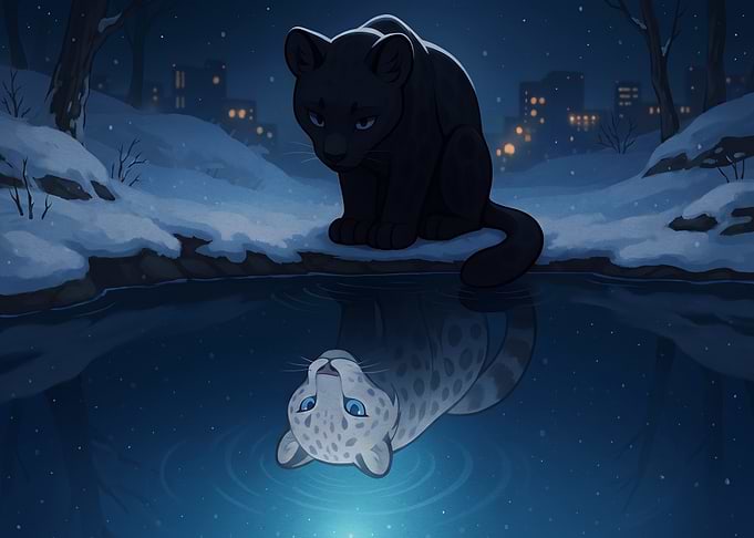 Black Panther Reflecting as Snow Leopard