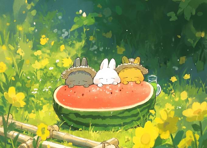 Three Bunnies Resting on Watermelon
