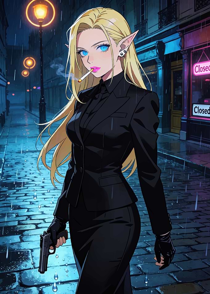 Elf Assassin in Rainy City Street