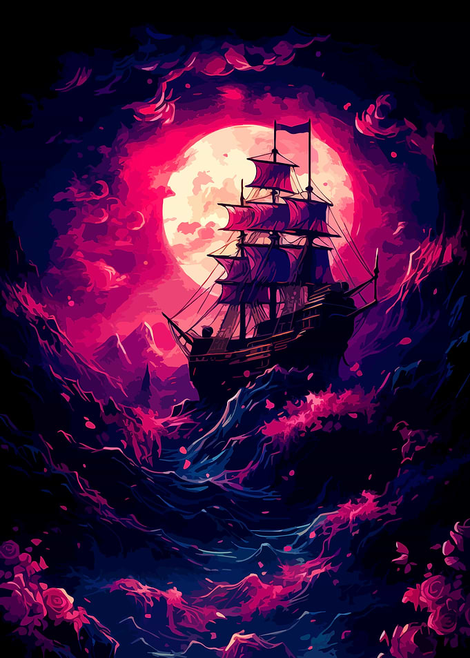 Sailing Ship Under Crimson Moon