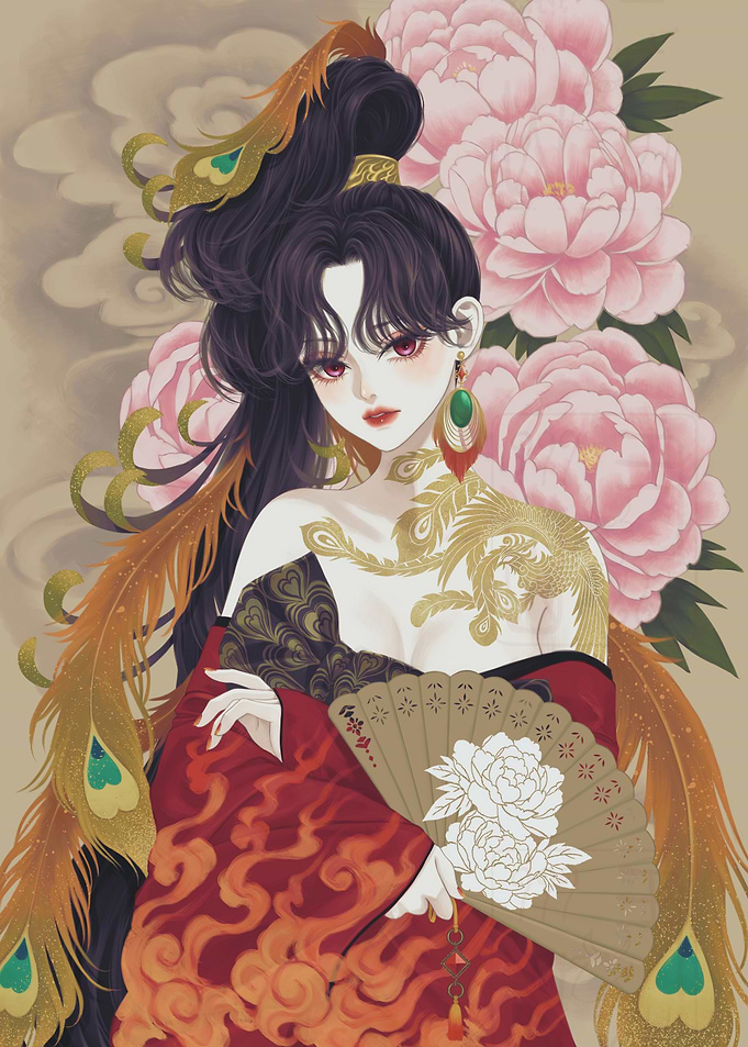Elegant Woman with Phoenix Tattoo Art