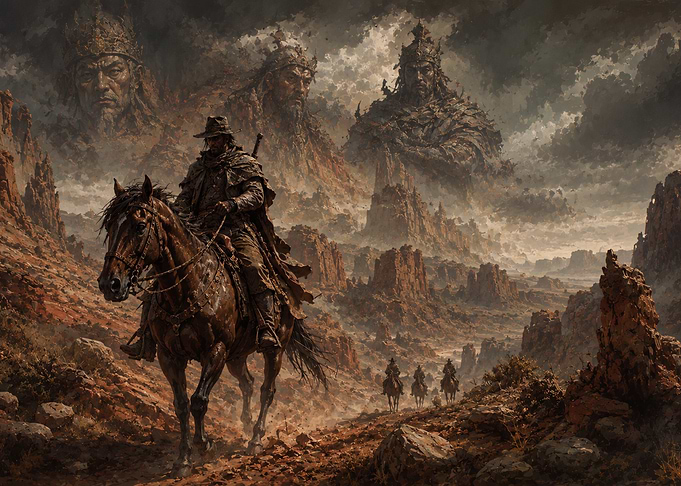 Cowboy Riding Through Mythical Canyon