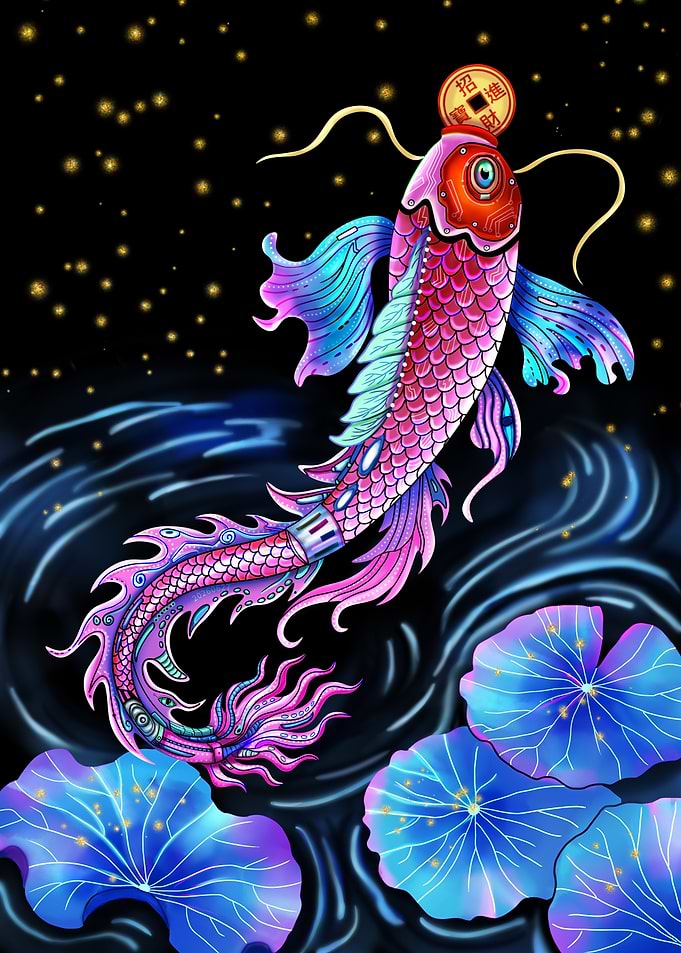 Cybernetic Koi Fish with Lucky Coin