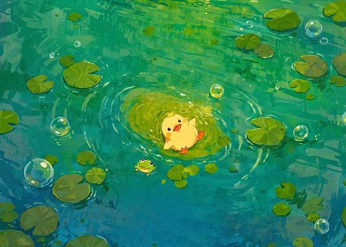 Cute Chick and Frog in Pond