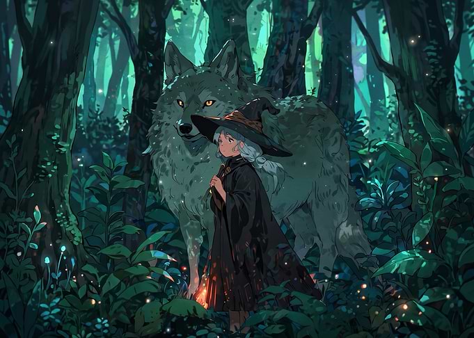 Witch and Giant Wolf in Forest
