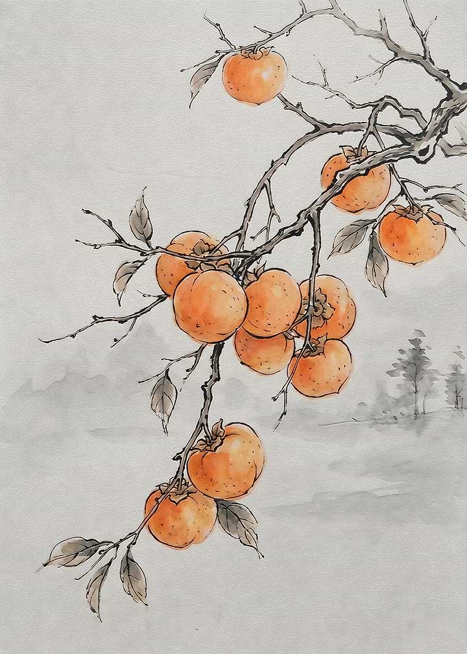 Traditional Ink Wash Persimmon Painting