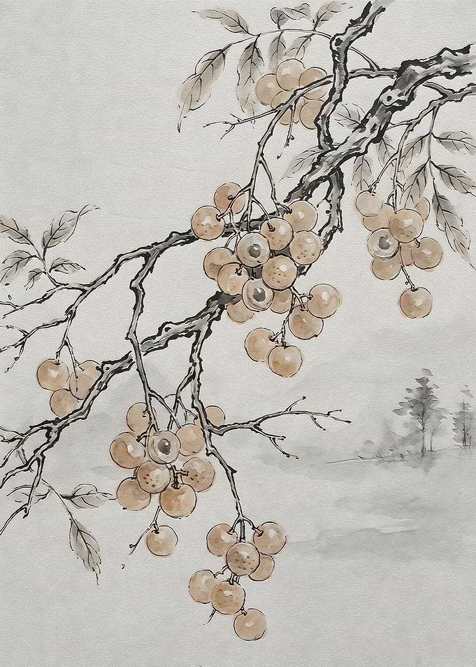 Traditional Ink Wash Painting of Longan