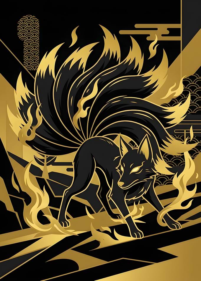 Nine-Tailed Kitsune Gold and Black Art