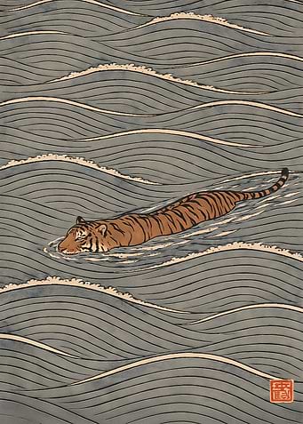 Tiger Swimming in Stylized Waves
