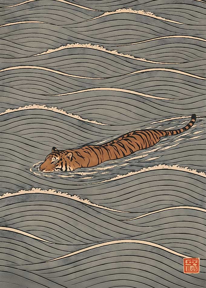 Tiger Swimming in Stylized Waves