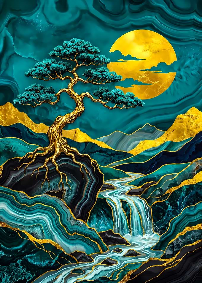 Golden Bonsai Tree and Waterfall Landscape