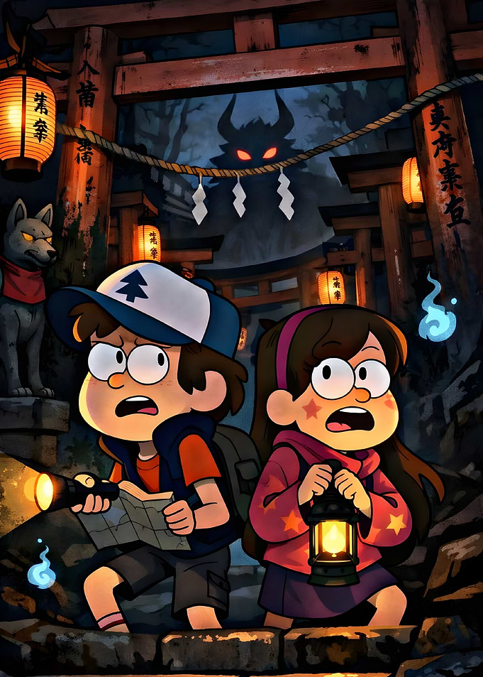 Dipper and Mabel at Japanese Shrine