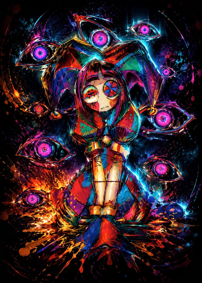 Surreal Jester Surrounded by Glowing Eyes