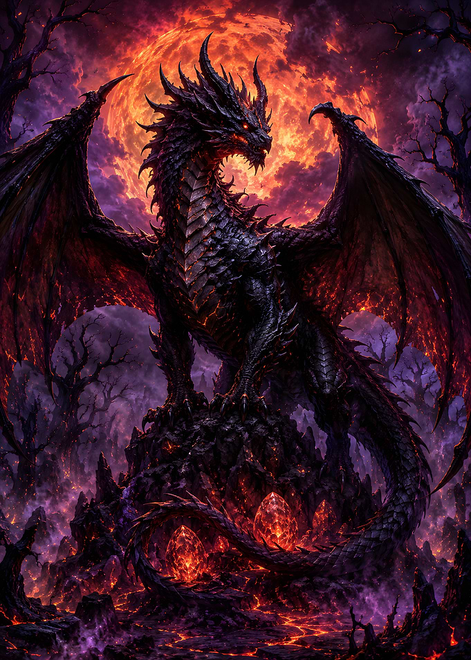 Black Dragon Guarding Fiery Eggs