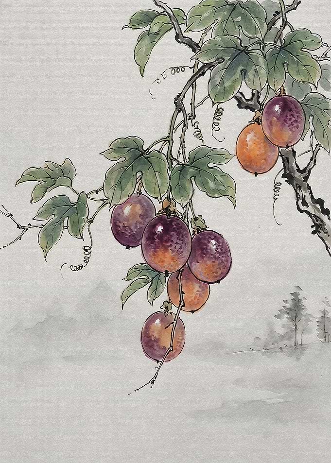 Traditional Chinese Ink Painting of Passionfruit