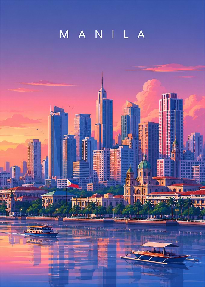 Manila Cityscape Sunset Travel Poster
