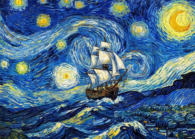 Sailing Ship in Starry Night Style
