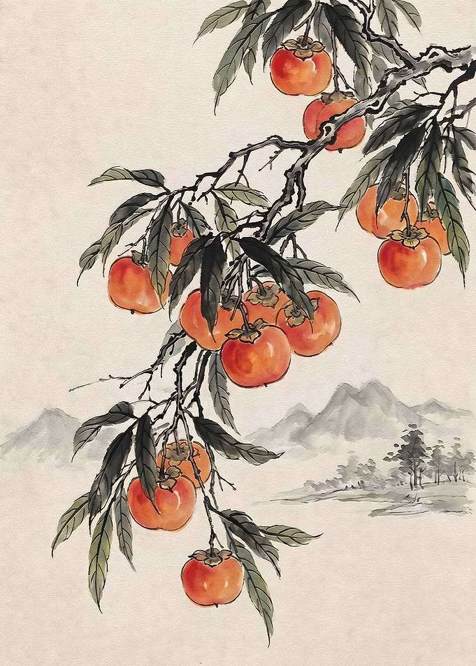 Traditional Ink Wash Persimmon Painting