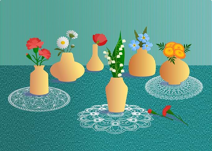 Vases of Flowers on Lace Doilies