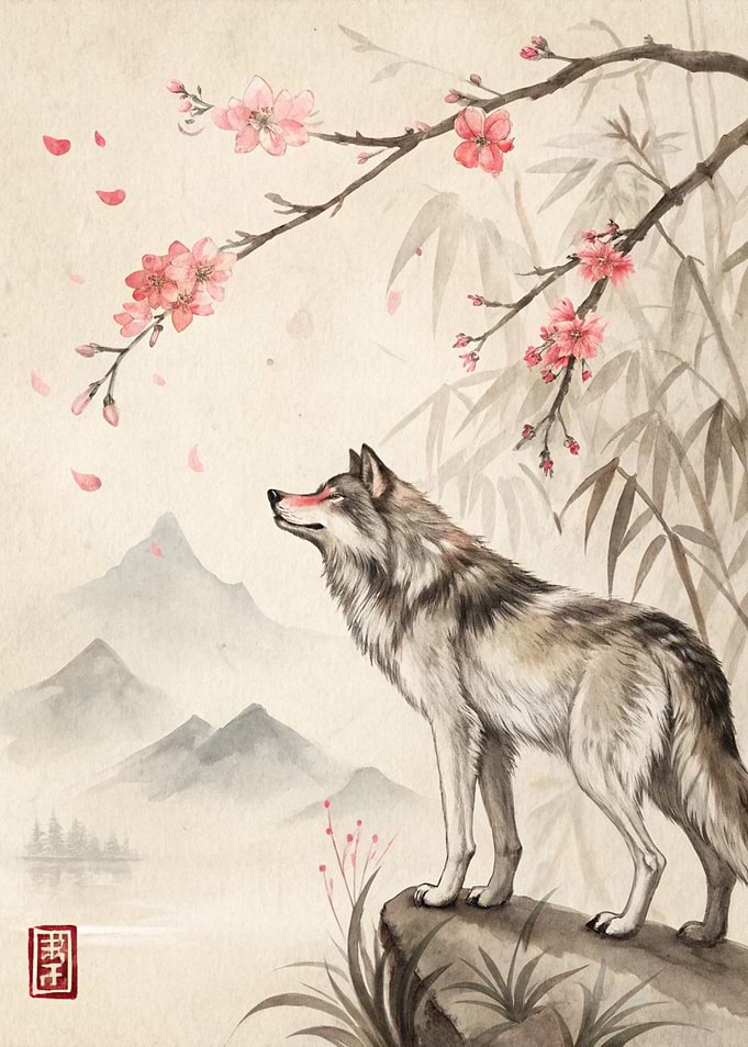Wolf Under Cherry Blossom Branches