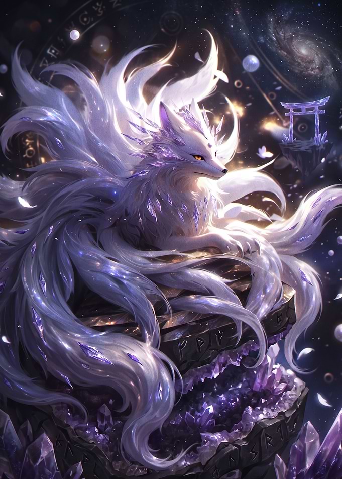 Celestial Nine-Tailed Fox on Crystals