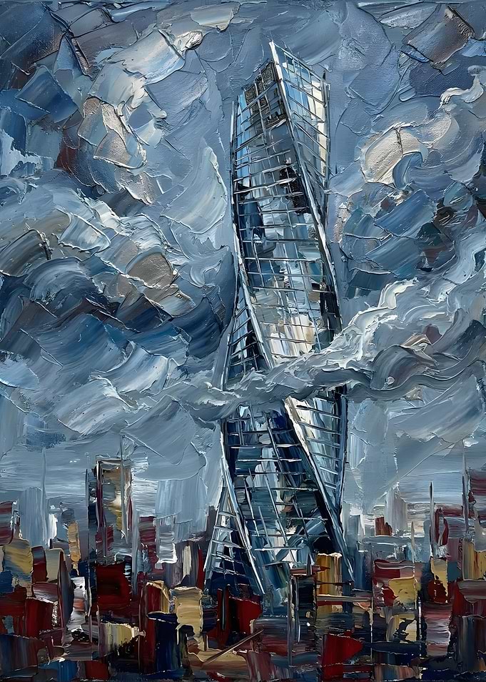 Impressionist Oil Painting of Twisted Skyscraper