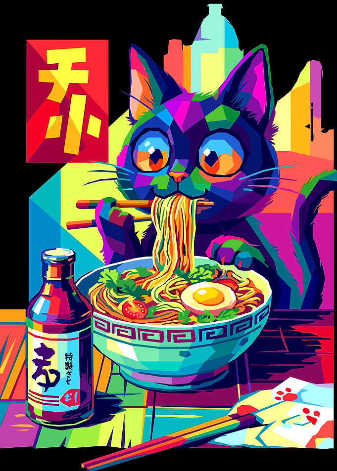 Pop Art Cat Eating Ramen