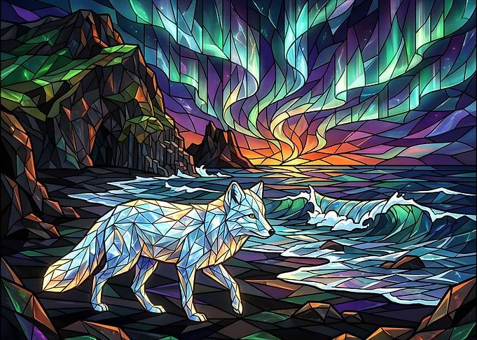 Stained Glass Wolf: Majestic Coastal Scene with Aurora Effect