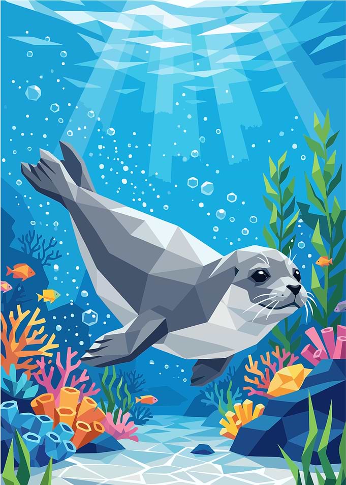 Low Poly Sea Seal – Geometric Underwater Ocean Wildlife Wall Art