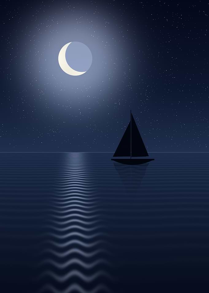 Sailboat - Minimalist Crescent Moon Over a Calm Sea